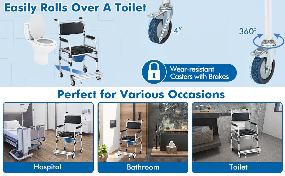 Smooth Mobility with Brake System: Equipped with four universal wheels, this commode chair provides effortless maneuverability in any direction. Each wheel also features a reliable brake system, offering both controlled movement and secure stationary positioning.