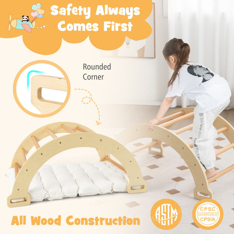 Safety First with Natural Wood: Embrace worry-free play with our arch climber made from natural wood, holding up to 110 lbs. ASTM and CPSIA certified, its safe, rounded edges guarantee hours of exploration without a scratch. Playtime just got safer!