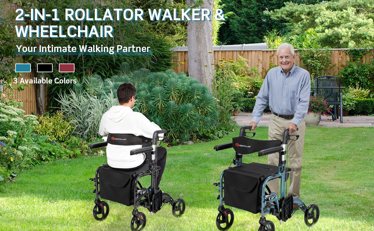 Versatile 2-in-1 Mobility Solution: This rollator walker offers the ultimate in versatility, easily transforming into a wheelchair with a simple flip of the backrest and attachment of footrests. Whether you're walking, sitting, or transitioning, it delivers exceptional performance for maximum convenience.