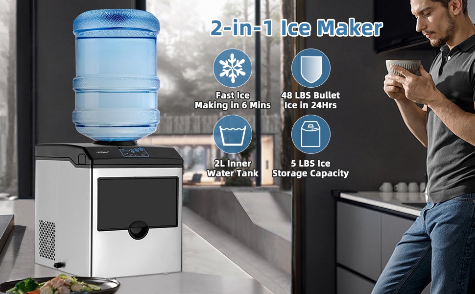 2-in-1 Ice Maker and Water Cooler: Enjoy the best of both worlds with this versatile 2-in-1 ice maker and chilled water dispenser. Its extendable water spout caters to your ice and water needs, ensuring you have refreshing iced treats and cool water on demand.