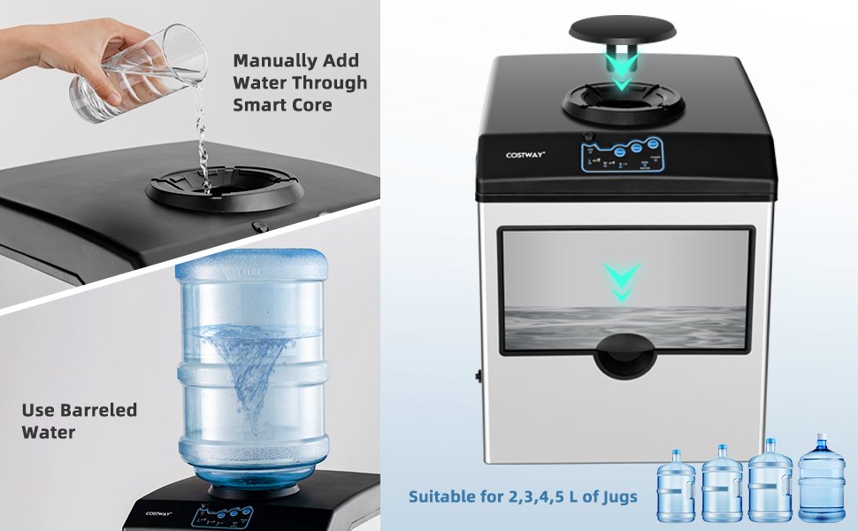 Continuous Water Supply and Manual Refill: With a top-loading base that can hold 2-5 gallons of bottled water (bottles not included), this ice maker ensures an uninterrupted water source for hassle-free operation. You can also manually add water through the top base or directly into the water tank, which has a generous 2L capacity. The top base features a dust-preventing lid.