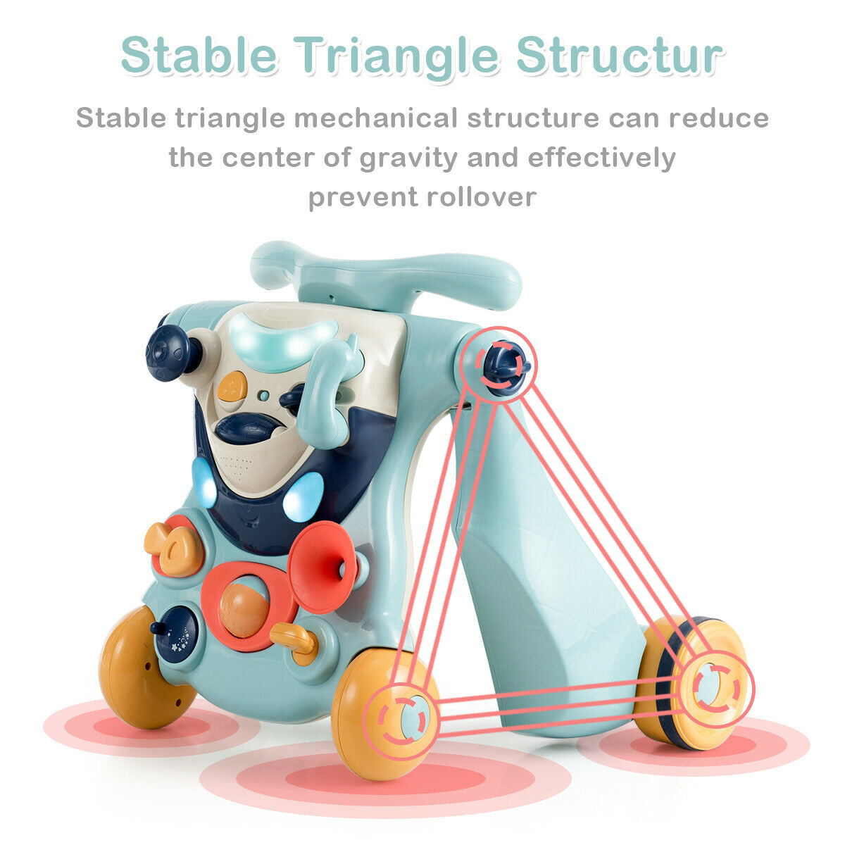 Stable Mechanical Structure: The stable triangular support structure makes the chassis more stable and not easy to roll over, so babies can move forward freely.