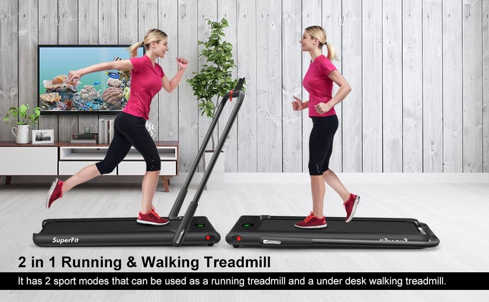 ● Innovative 2-in-1 Folding Treadmill: Our 2-in-1 treadmill is a game-changer, offering 2 modes to meet your different fitness needs. With the riser folded, it can be used as an under-desk treadmill at a speed of 1-4km/h, allowing you to multitask while walking. With the riser raised, the running speed is 1-12km/h, helping you reach your fitness goals.