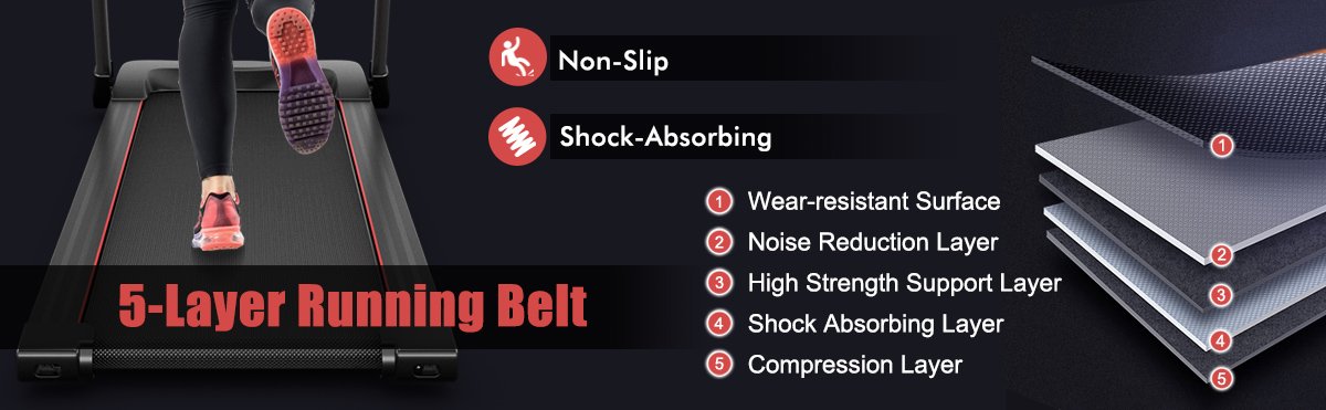 Shock-absorbing Running Belt:  Enjoy a spacious and shock-absorbing running belt designed to protect your knees. The 5-layer anti-slip belt provides a comfortable and secure running area, measuring 43.5" x 16.5". Exercise with confidence, knowing your joints are well taken care of.