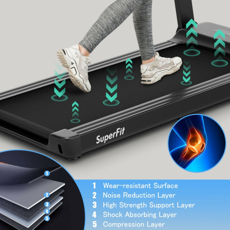 ● 5-Layer Non-Slip Running Belt: For a comfortable and safe running experience, our treadmill features a 5-layer running belt that effectively absorbs shock and impact, protecting your knees and ankles. The non-slip design also prevents accidents and sports injuries, while the noise reduction layer ensures a quiet exercise environment for the home and office.