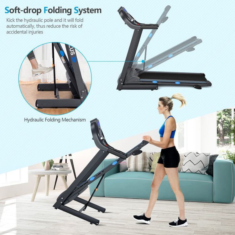 Foldable and Cushioned Design: Experience convenience and safety with our treadmill's easy-fold mechanism and soft drop system. The 17" x 47" rubber running belt ensures a stable and comfortable workout, while 4 silicone pads reduce noise and vibration.
