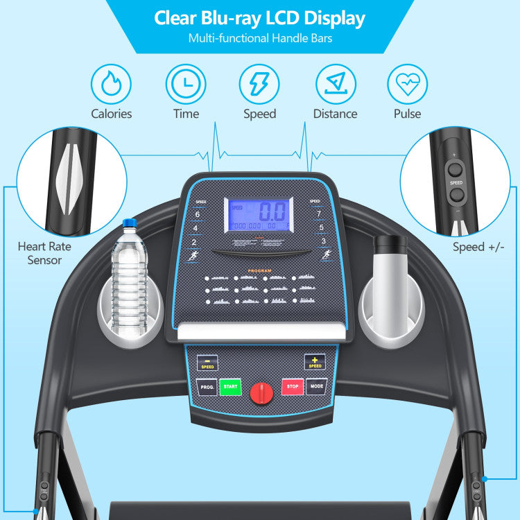 Interactive Blue-Ray LCD Display: Elevate your workout experience with a 5" blue-ray LCD showcasing Time, Distance, Calories, Speed, Pulse, and Incline. Enjoy your fitness journey with real-time data for informed progress tracking.