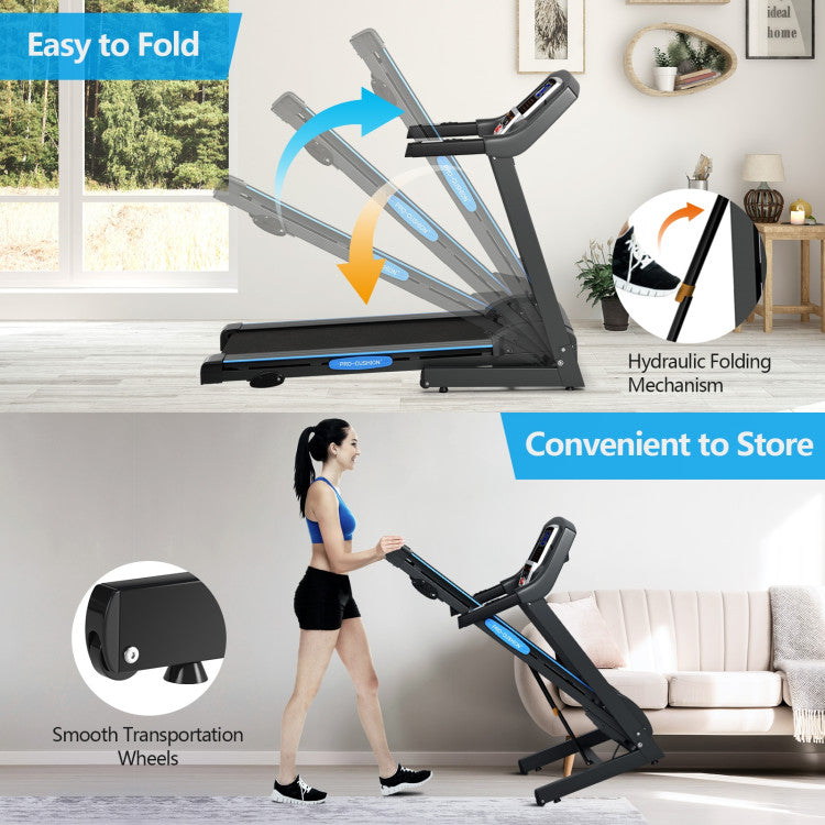 Space-Saving Foldable Design: Effortlessly fold and unfold your treadmill with our easy folding mechanism and soft drop system. Choose from 3 incline levels to burn calories, tone muscles, and enhance strength and endurance.