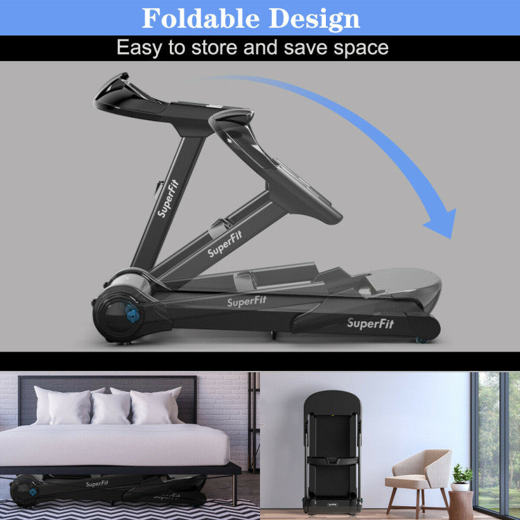 Space-Saving and Portable: Embrace convenience with our foldable treadmill design, which fits seamlessly into any space. Equipped with built-in wheels, moving and storing your treadmill is a breeze. Maximize your workouts while minimizing the hassle of setup and storage.