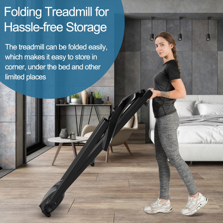 Space-Saving Convenience: Embrace a foldable design that effortlessly transforms your workout space. With smooth all-directional wheels, easily store your treadmill under the bed, in the corner, or on the balcony. Fitness meets flexibility for modern living.