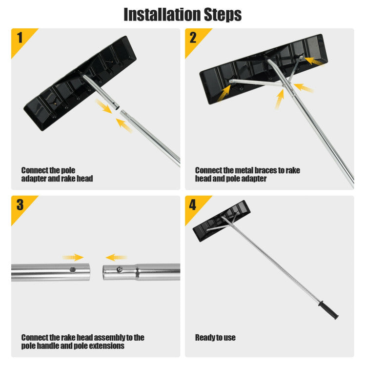 Easy Assembly and Storage: With an easy-to-follow instruction manual, assembly takes only a few minutes with simple steps. The quick disassembly feature makes storage hassle-free. Weighing only 4.5 lbs, it's a portable solution for quick snow removal. Blade Size: 25" x 6" (L x W), Extendable Length: 4.8-20 ft. Stay prepared for winter with our user-friendly snow rake.