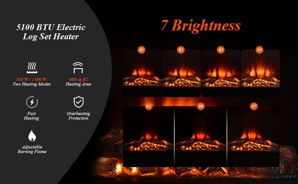 7-Level Flame and Classic Appearance: The fireplace is highly versatile and suitable for use in different places. The glowing flame has 7 settings that can be easily adjusted making the whole fireplace outstanding.