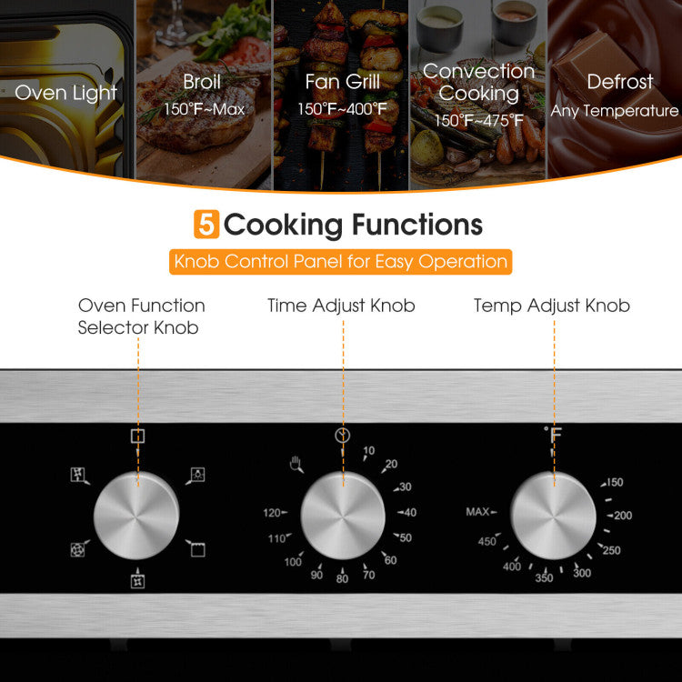 Multi-Function Cooking and Even Heat Distribution: Take advantage of 5 cooking modes including oven light, broil, fan grill, convection cooking, and defrost. Thanks to powerful 2300W heating elements at the top and back, enjoy 360° hot air circulation for faster, more even cooking.