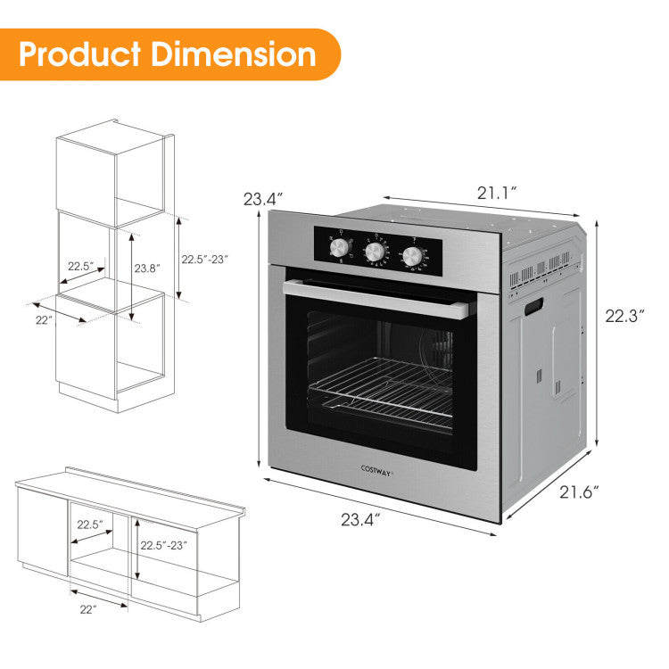 Effortless Installation: Our well-crafted built-in oven comes with a comprehensive user manual, making installation a breeze. The overall dimensions are 23.4" (L) x 23.8" (W) x 23.4" (H), and your cabinet cutout should be 22" (L) x 22.5" (W) x 22.5"-23" (H). Upgrade your kitchen with this exceptional wall oven today.