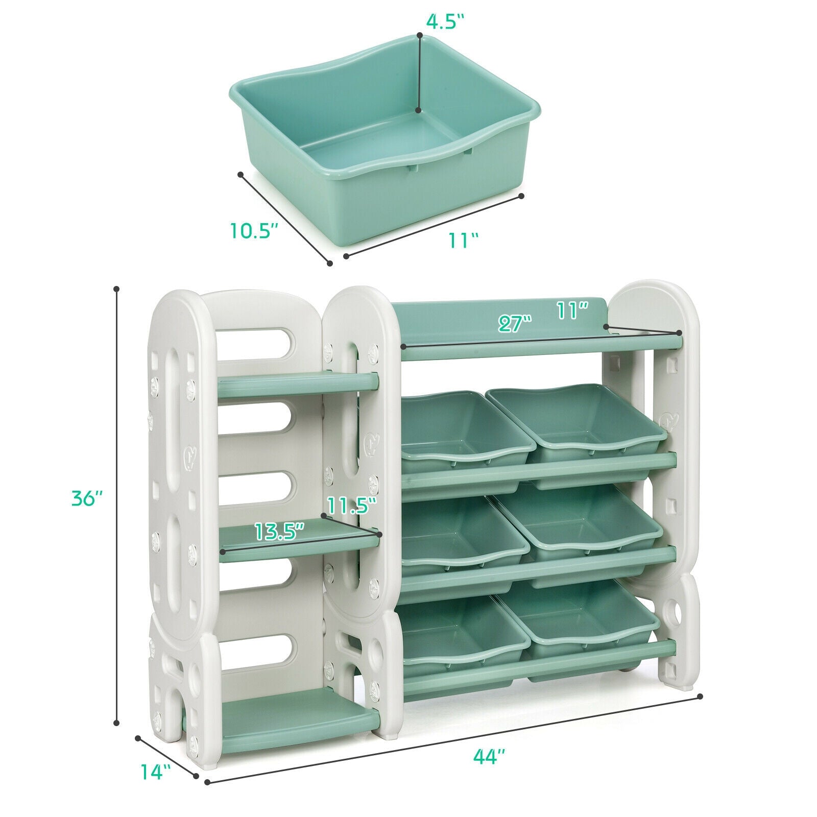 Specifications Color: Blue/Green Material: HDPE Product dimension: 44" x 14" x 36"(L x W x H) Net weight: 24 lbs Maximum weight: 44 lbs Package includes: 1 x Kids' toy storage organizer