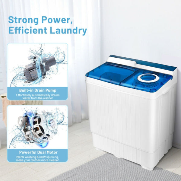 Powerful and Efficient Performance: With a washing power of 280W and a spin-drying power of 140W, this washing machine delivers quick and efficient washing results. Equipped with a built-in drain pump, it effortlessly drains dirty water through a longer drain pipe, ensuring effective cleaning.