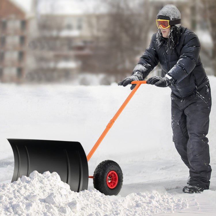 10 Inch Large Wheels: Conquer slippery terrains effortlessly! Our snow pusher is equipped with two robust 10-inch diameter rubber wheels that are anti-slip, wear-resistant, and shockproof. Perfect for various surfaces like driveways, backyards, and pavements, ensuring a secure grip in any winter condition.