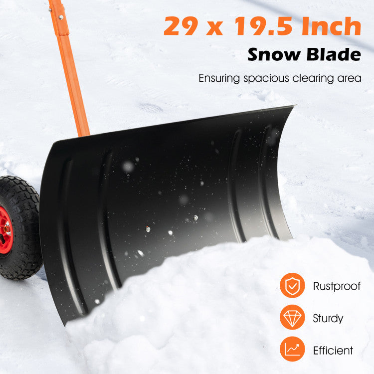 Maximize Snow Clearance Efficiency: Unleash the power of our wheeled snow shovel with its expansive 29 x 19.5-inch snow blade, allowing you to clear a larger area with every push effortlessly. Say goodbye to tedious snow removal and hello to unmatched efficiency, saving you time and energy.