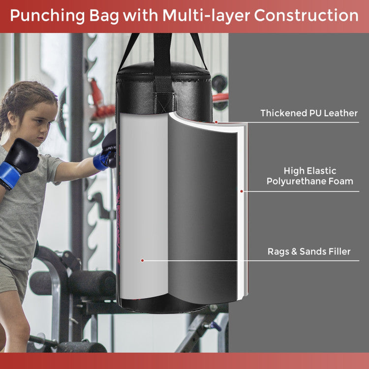 Durable Usage and Exquisite Craftsmanship: Our punching bag, made from high-quality PU leather, guarantees durability and resistance to wear and tear. Filled with a combination of rags and sand, it not only offers a satisfying rebound effect but also ensures a longer service life. Tight stitching prevents leaks, making this set the perfect stress reliever for your kids while boosting their physical fitness.