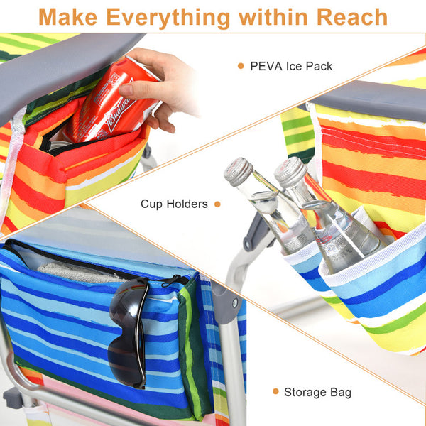 Spacious and Thoughtful Design: Embrace convenience with dual cup holders and a generous rear storage pouch in our beach folding chair. Stay refreshed with built-in insulated ice pack compartments, perfect for staying cool on scorching summer days. Additionally, the back tube provides a convenient towel hanger.