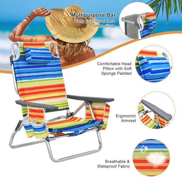 Secure Armrest and Plush Pillow: The sleek PP armrest guarantees scratch-free comfort, while the enclosed locking mechanism ensures finger safety. Complete with a soft pillow, our beach folding chair cradles your head, promoting restful relaxation and reducing fatigue.
