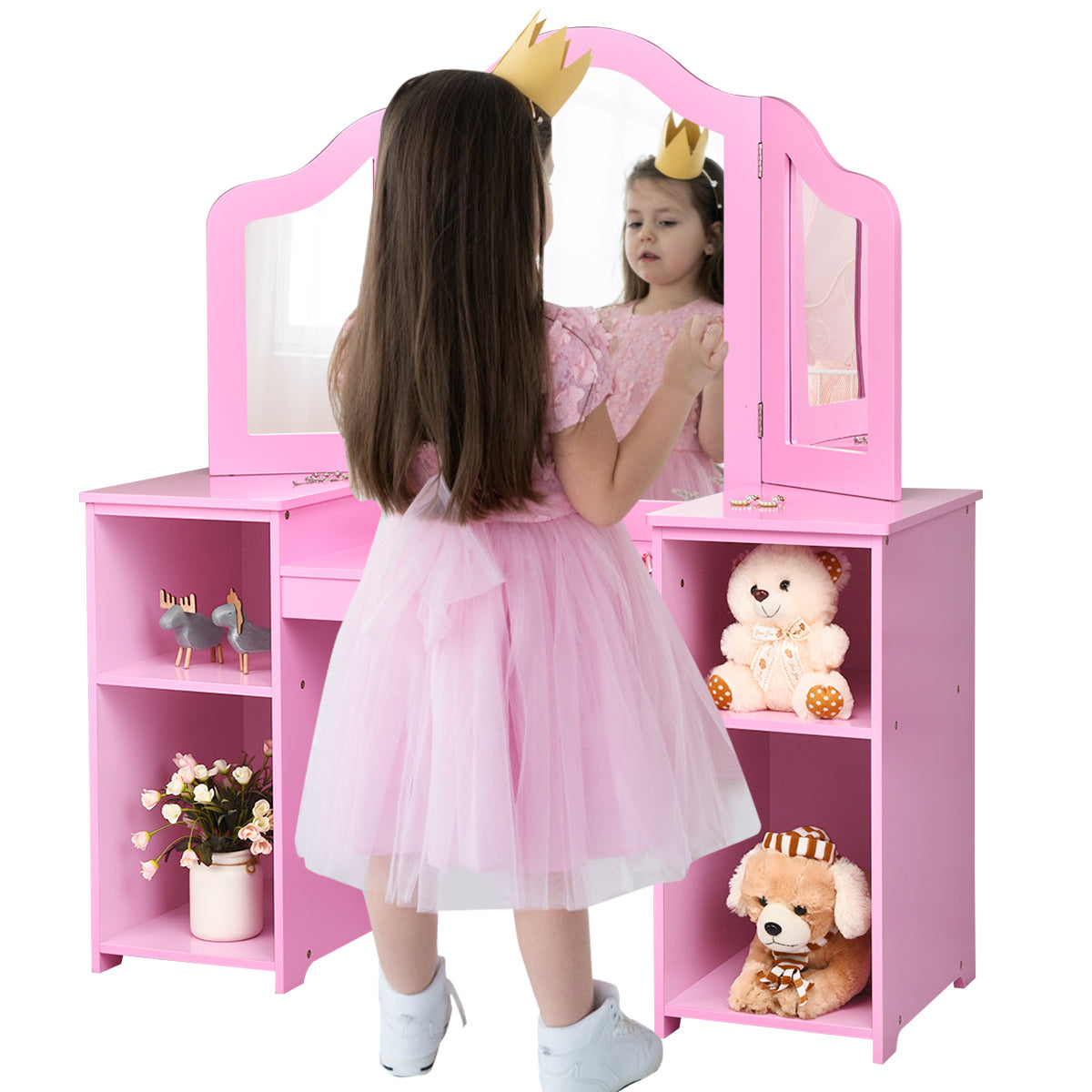 A Great Gift for Kids: The vanity is in small size and designed specifically for children, but it also provides enough space for pretending to play, which is conducive to improving children's hands-on ability and imagination. Every girl wants a beautiful dresser with jewelry and cosmetics. Buy an ideal vanity for your kids!