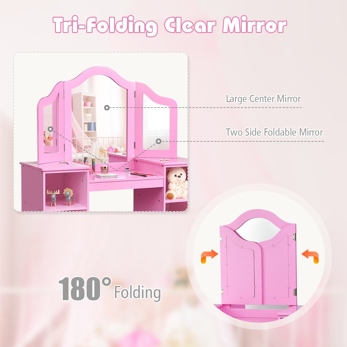 Removable Three-Panel Mirror: Three-Panel mirror provides a clear view for kids. And sitting in the position, kids can see their own appearance more comprehensively. At the same time, the top of the dressing table can be removed and your child can use it as a writing desk if necessary. This 2 in 1 design is practical and save the space of your home.