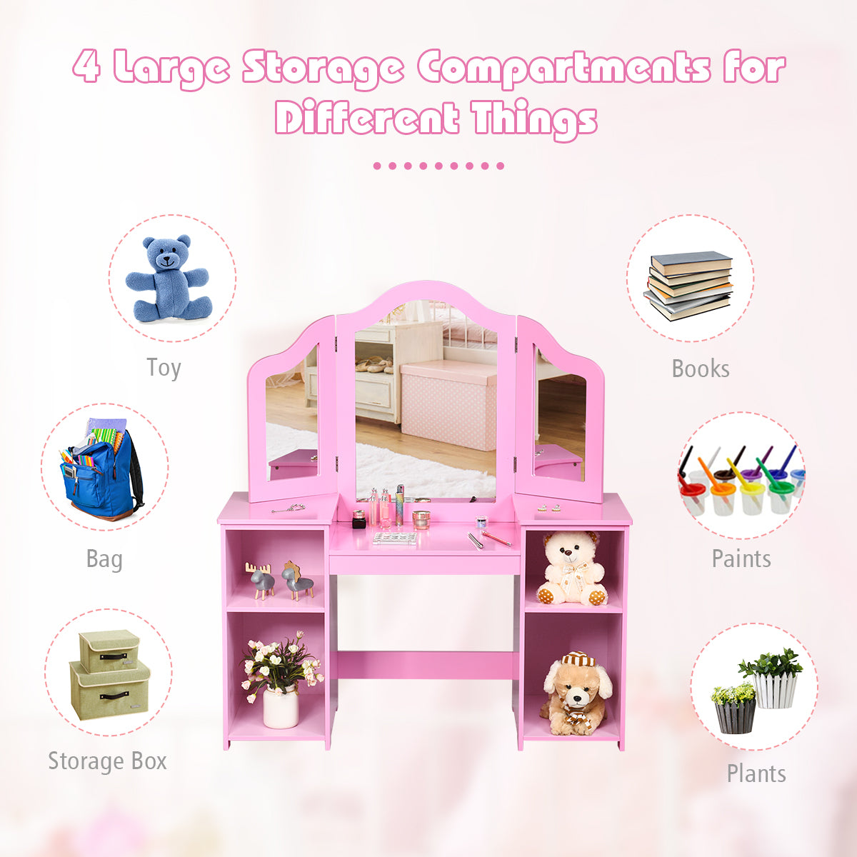 Spacious Storage Space: The dressing table contains spacious desktop and 2 oversized lockers with compartments in the middle. It keeps the children's items neat, such as storing their own jewelries, cosmetics, books, toys and other personal items. This design is conducive to cultivating children's habit of organizing items.