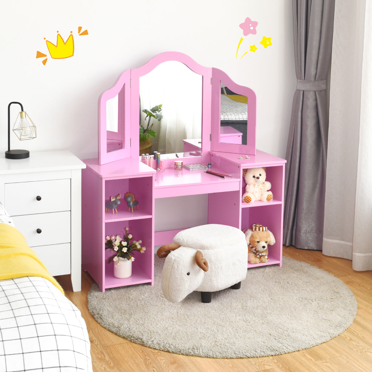 High Quality and Safe Design: This dressing table is made of high-quality MDF board, which is safe and environmentally friendly. The rounded corner of the table prevents children from colliding. Mirrors are not real glass but plastic. Prevent children from being hurt by accidental breakage of the mirror. ASTM F963 and CPSIA certification ensure the quality and safety of vanity set.