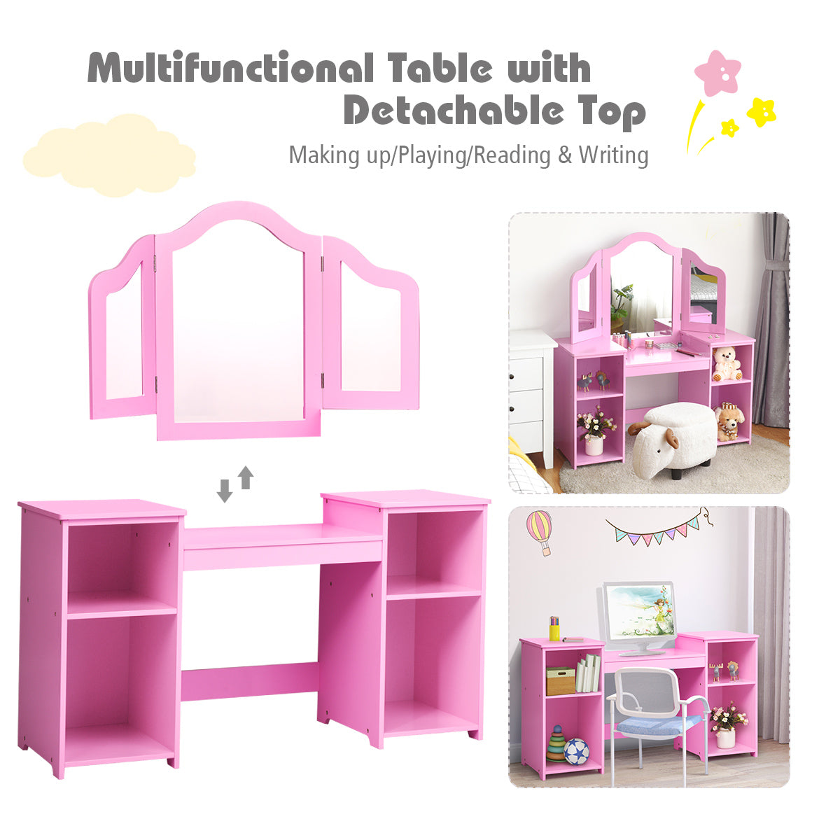 Easy to Clean and Assemble: This kid’s dressing table has a simple structure and a smooth surface, which is very easy to clean and can just a simple wipe. Equipped with detailed graphic instructions, the installation process is simple. You can assemble it with your child and enjoy the warm parent-child time.