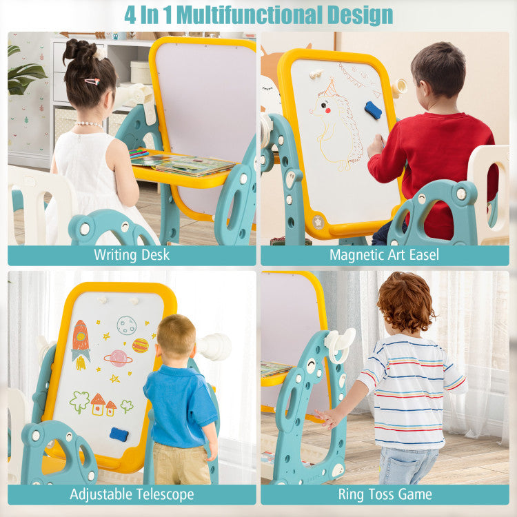 Versatile 4-in-1 Design: Elevate your child's creativity with a multifunctional magnetic art easel featuring a magnetic whiteboard, writing desk, adjustable telescope, and a ring toss game for endless play possibilities.