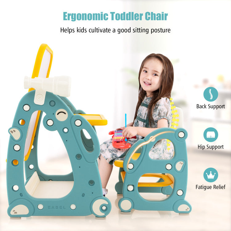 Adjustable Height and Comfortable Chair: Grow with your child – the easel offers three adjustable height positions (27.5" to 35.5"), ensuring a perfect fit for kids of various heights. The ergonomic chair provides excellent back and hip support, fostering a healthy sitting posture.