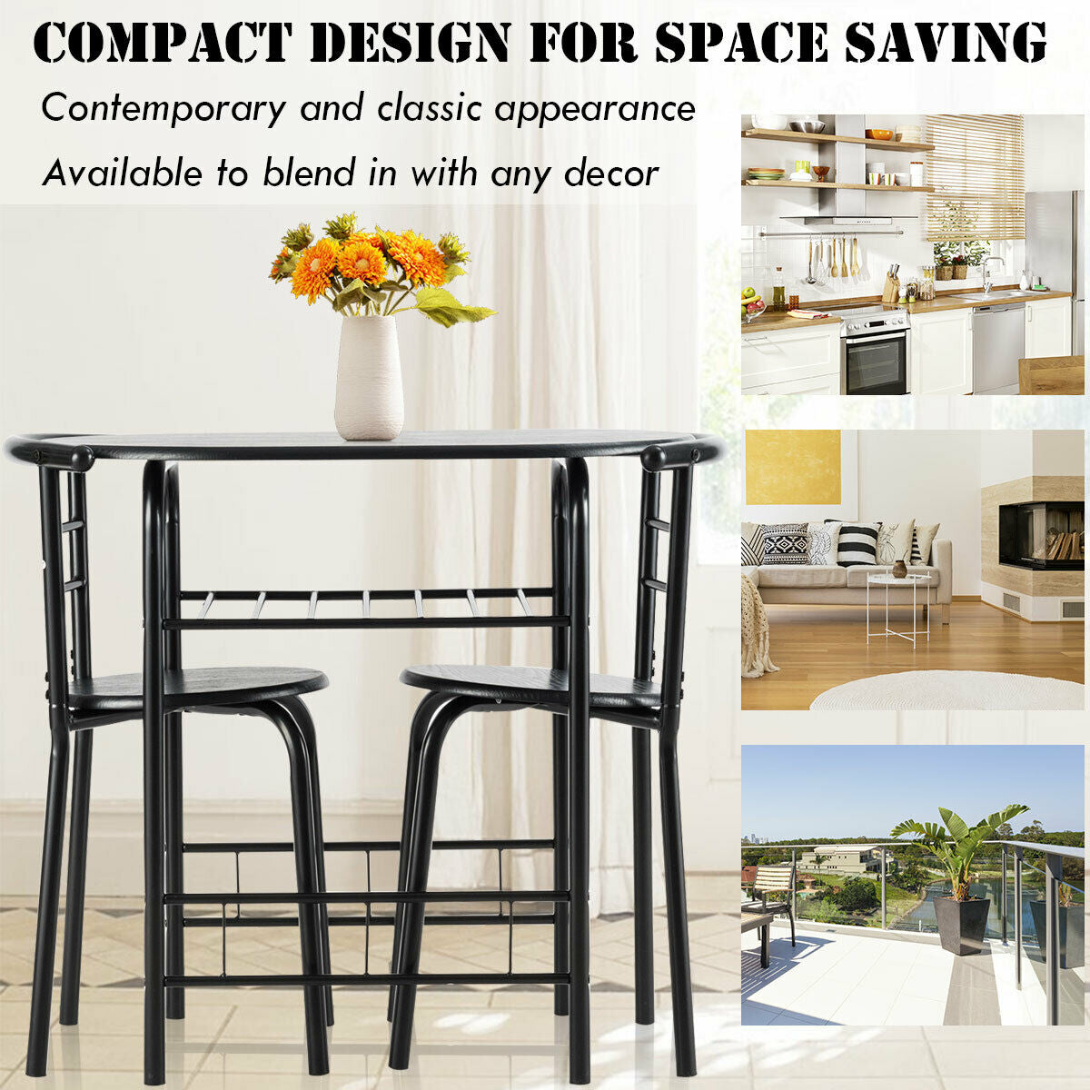 Space-Saving Design: The curved backrests and rounded edges of the tabletop allow the two chairs to neatly tuck under the table when not in use. This dining set is an excellent space-saving solution, particularly suitable for compact areas such as apartments, kitchens, or dining rooms.