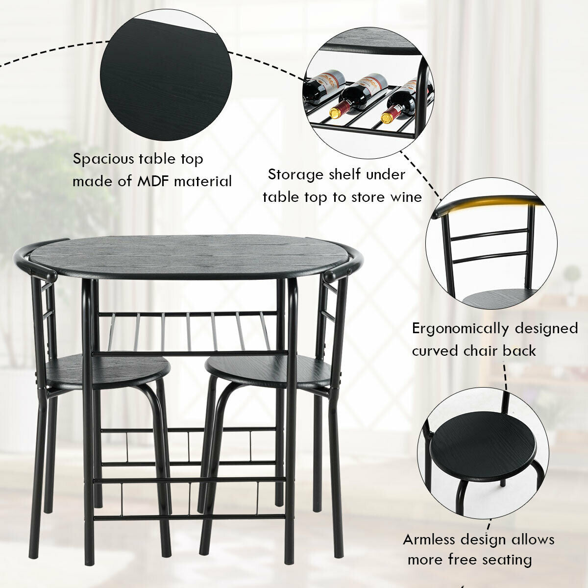 Sturdy and Stable Construction: Constructed with a reinforced and rustproof steel frame, this space-saving bistro set offers reliable stability. The table can support up to 220 lbs, while each chair can hold up to 265 lbs. Additional support bars and anti-slip foot pads further enhance stability. The high-quality MDF surface is easy to clean.