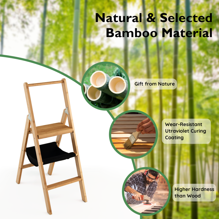 High-Quality Bamboo Material: Our 3-step bamboo ladder is crafted from high-quality bamboo material, ensuring durability and a sleek ultraviolet curing coating for added wear resistance. The rounded edges prioritize your safety, providing a sturdy and elegant solution for reaching high cabinets, changing light bulbs, or decorating your space.