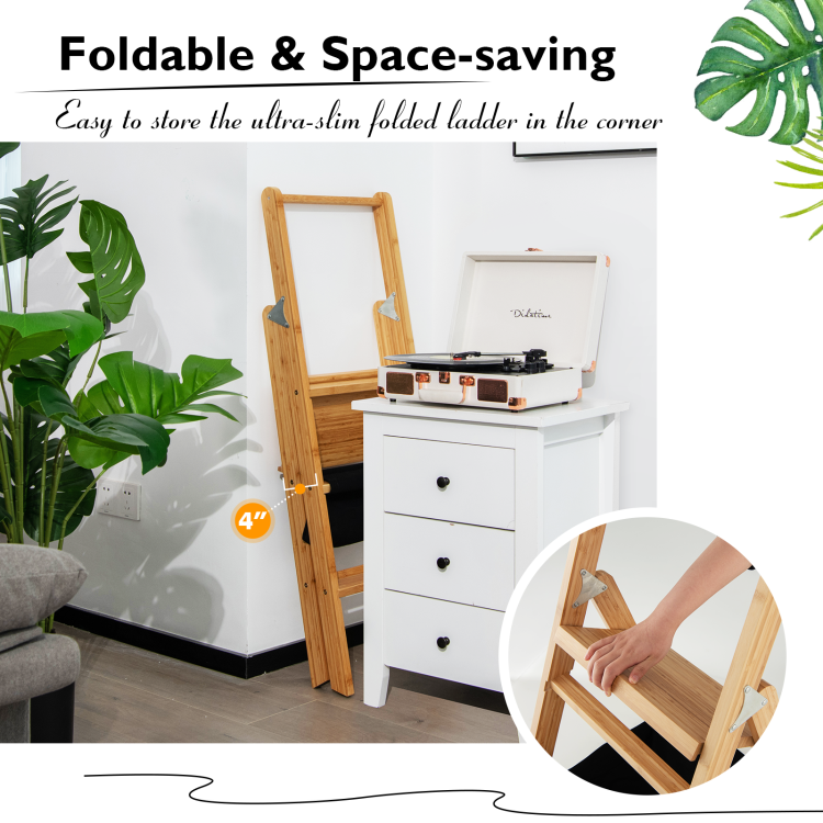 Foldable and Space-saving Design: Embrace the convenience of a foldable design that makes movement and storage a breeze. With a folded width of just 4 inches, this lightweight ladder effortlessly fits into corners or under the sofa, maximizing your living space. Say goodbye to clutter and hello to efficient organization.