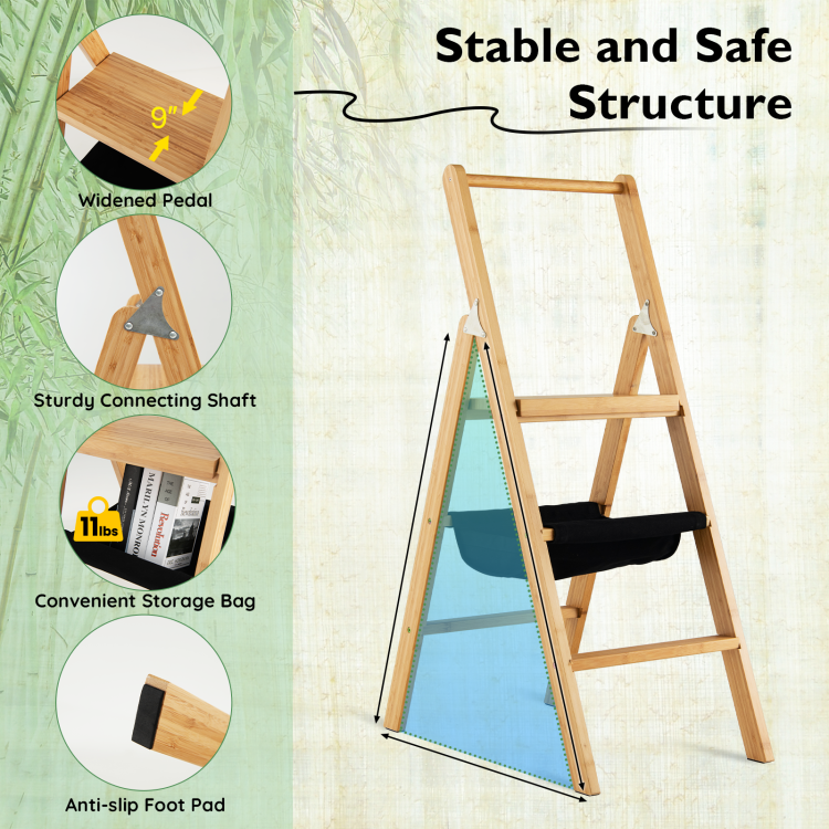 Durable and Sturdy Structure: Experience a ladder that stands firm in the face of challenges. Our bamboo ladder forms a stable triangular structure when expanded, supported by anti-rust galvanized iron shafts. With a remarkable weight capacity of up to 330 lbs, you can confidently tackle any task without the worry of wobbliness.