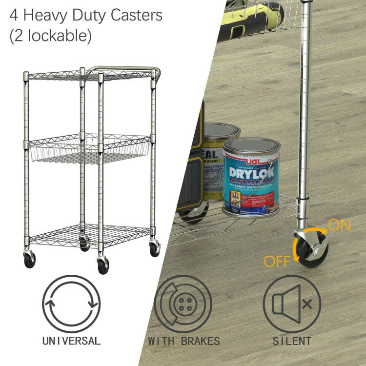Unmatched Convenience: Designed with a convenient handle push-bar and four universal rubber casters (including two lockable ones), this mobile cart offers seamless mobility, effortlessly gliding from one place to another. It remains stable even on slightly uneven surfaces, ensuring no wobbling or instability.
