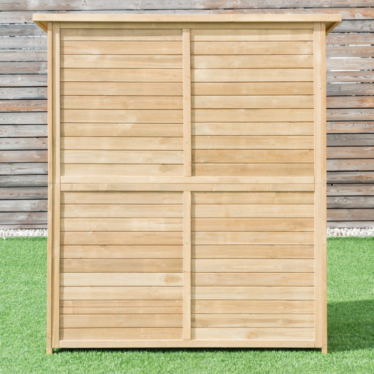 Ideal Outdoor Storage Solution: Featuring a waterproof sloping asphalt roof, this outdoor tool shed prevents water buildup and is engineered to withstand the test of time. The natural wood finish adds an elegant touch to any indoor or outdoor setting, making it suitable for backyards, gardens, lawns, garages, and more.