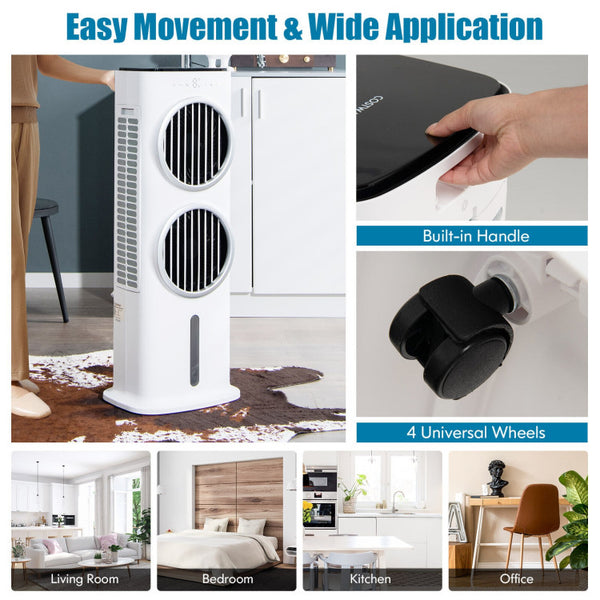 Wide Oscillation and Easy Mobility: Enjoy a refreshing breeze that reaches every corner of the room. The dual air outlets feature automatic 80° left-to-right oscillation, rapidly cooling the entire space. This compact air cooler is designed with 4 universal wheels and a built-in handle, ensuring effortless mobility and seamless room-to-room cooling.