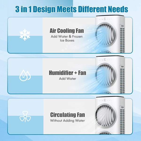 3-in-1 Cooling Solution with Adjustable Airflow: Experience the ultimate cooling comfort with this versatile 3-in-1 evaporative air cooler. Equipped with 3-sided filters and cooling pads, it effectively cools the air, adds moisture, and improves air circulation. Choose from 3 modes (normal, natural, sleep) and 5 speeds to customize your ideal level of coolness.