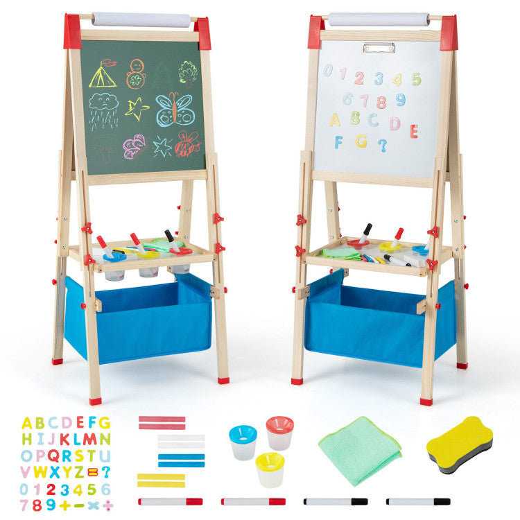 60 Abundant Accessories: The adjustable easel comes with 60 accessories, including 42 letters and numbers magnets, 8 colorful chalks, 4 markers, 3 paint pots, 1 replaceable paper roll, 1 dry eraser and 1 rag. Toddlers can use them to make full use of their imagination to draw a new world.