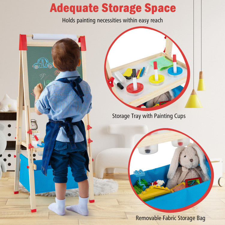Aterial Tray and Storage Bag: An additional material tray with 3 paint cups helps kids to organize all art supplies and enables kids to easily reach for different art accessories. What's more, the removable storage bag provides ample storage space for kids' books or dolls. When not in use, the fabric bag can be easily detached.