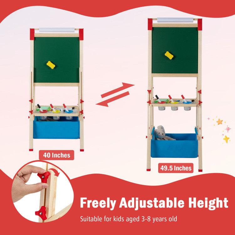 Height-Adjustable Design: Thanks to the height adjustment knobs, the easy-to-assemble wooden toddler easel can be adjusted from 40 inches to 49.5 inches. You can freely change the easel's height to fit toddlers of different heights. And it will be a nice choice to accompany 3-8-year-old kids to grow.