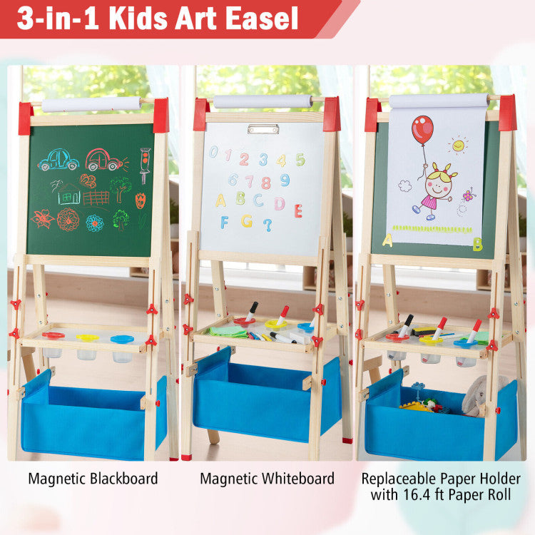3-in-1 Wooden Kid's Easel: The kid's art easel features 1 magnetic chalkboard and 1 magnetic whiteboard for kids to draw and create. Tips: Please tear off the protective film before use. Besides, the 16.4'(L) x 12"(W) paper roll offers more writing or drawing space for your little painter.
