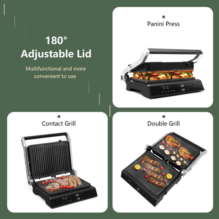 Custom Temperature Control: Boasting a robust 1200W power output, our electric panini press grill heats up quickly and evenly with its stainless steel heating tube. Enjoy precise control as you independently adjust the upper and lower grill plates' temperatures from 194 to 446℉. The heat-resistant handle ensures safety.