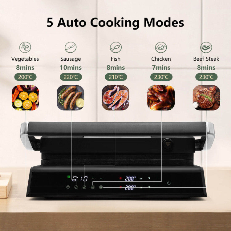 User-Friendly Touch Control and 5 Auto Modes: Our electric panini press grill features an intuitive LED touch panel with a 0-4H timer for effortless use. Additionally, it offers 5 convenient preset cooking modes for vegetables, sausage, fish, chicken, and beef steak, making gourmet meals as simple as a button press.