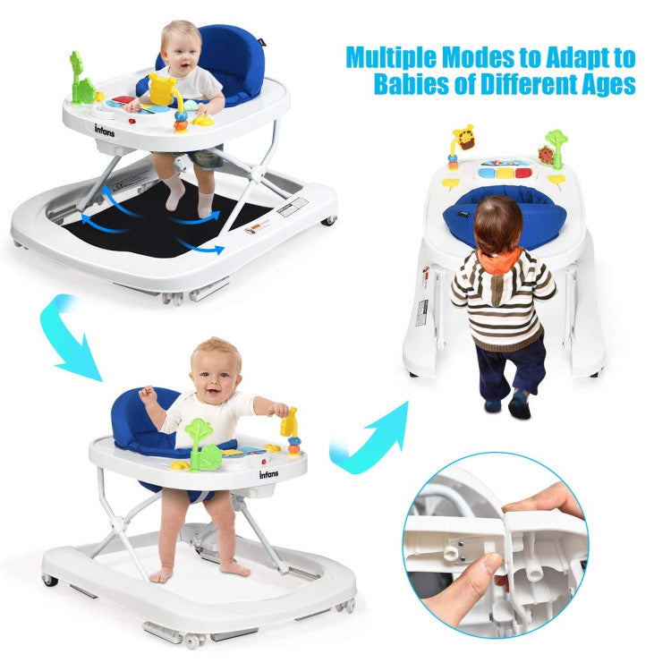 3-In-1 Convertible Baby Walker: Mode 1. bouncer, with a high elastic pedal to exercise basic leg strength; Mode 2. seated baby walker, continuously explore and perceive the way of walking on the legs; Mode 3. walk-behind walker, with the removable safety bumper to strengthen baby's leg muscles. For the baby's safety, please only use the walk-behind feature when your child is able to walk on their own. The baby walker with 360° rotatable front wheels will help your baby learn to walk better.