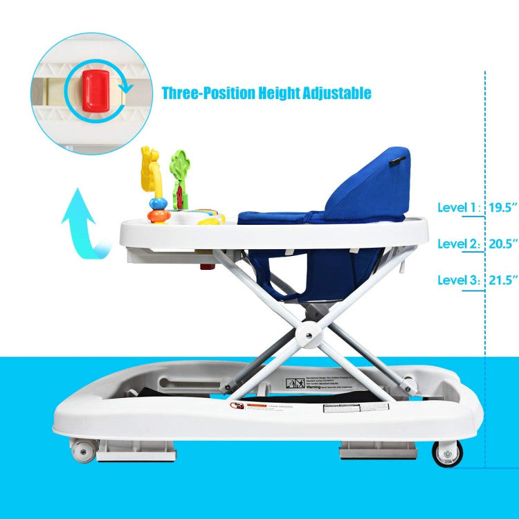3-Position Height and Adjustable Speed: Babies have different leg lengths at different ages, so the 3-position adjustable height of the walker is perfect for boys and girls. You can adjust it to the appropriate height to help your baby better complete the practice of walking. The rear wheels of the walker are fixed with nut and you can tighten the screw to increase the friction to control the speed of the baby walker. The radian cushion of this baby walker is designed to effectively avoid bow legs.