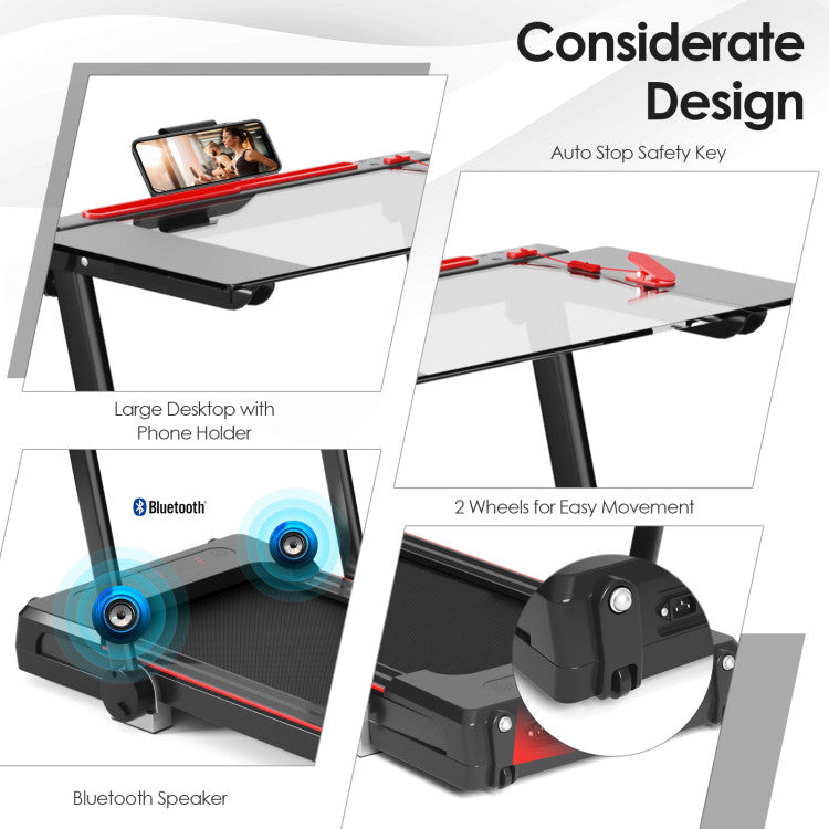 Considerate Design and Safety Key: ​You can connect your phone to the treadmill via Bluetooth and enjoy pleasant music without interfering with your workout. Additionally, the treadmill comes with a phone holder so you can place your phone or tablet on it. As for safety, there is a safety key that can stop the machine immediately in case of an emergency.